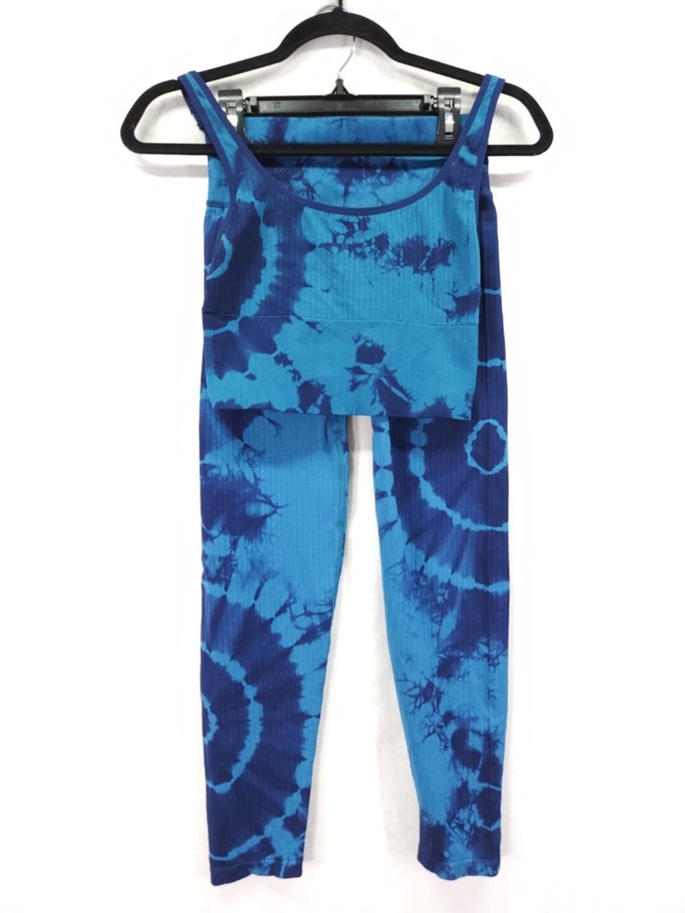 PINK Victoria Secret Blue Tie Dye Ribbed Seamless Sports Bra Leggings Set Small
